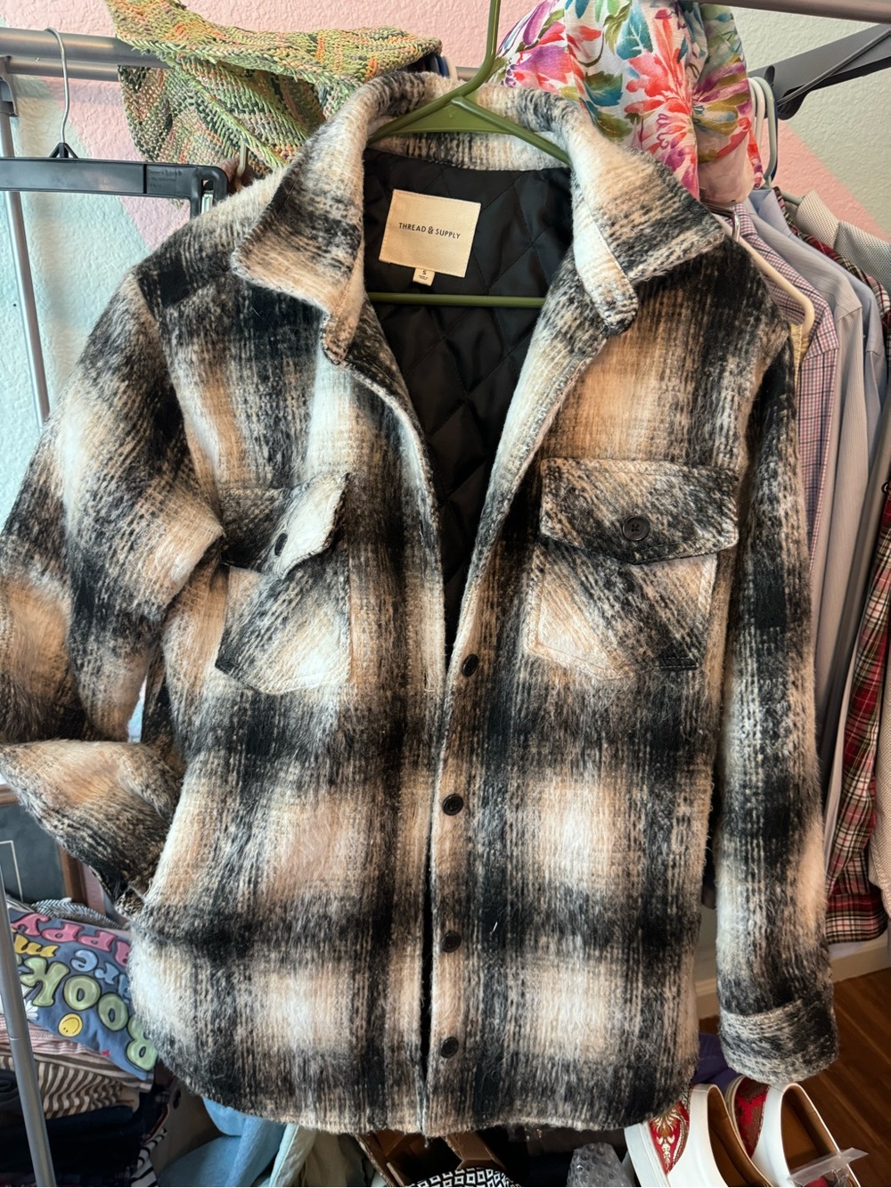 Thread & Supply Black Cream Plaid Button-Up Shacket